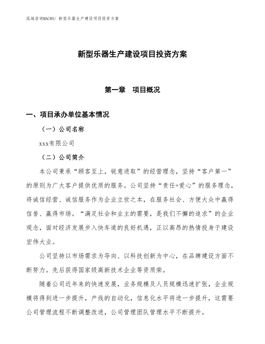 （项目申请）新型乐器生产建设项目投资方案_第1页