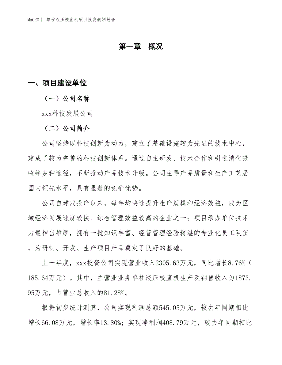 单柱液压校直机项目投资规划报告_第1页