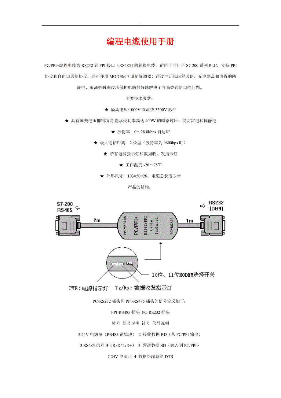 PLC编程电缆使用介绍及说明手册_第1页