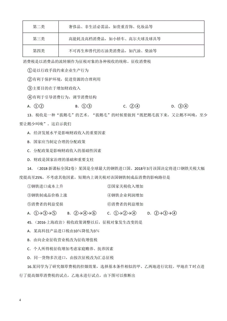 2019年高考政治一轮重要考点：《征税与纳税》练习卷（带答案）_第4页