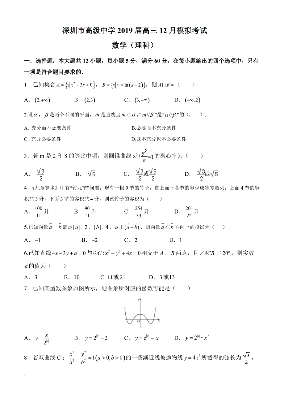 深圳市高级中学2019届高三12月模拟考试（理数）_第1页