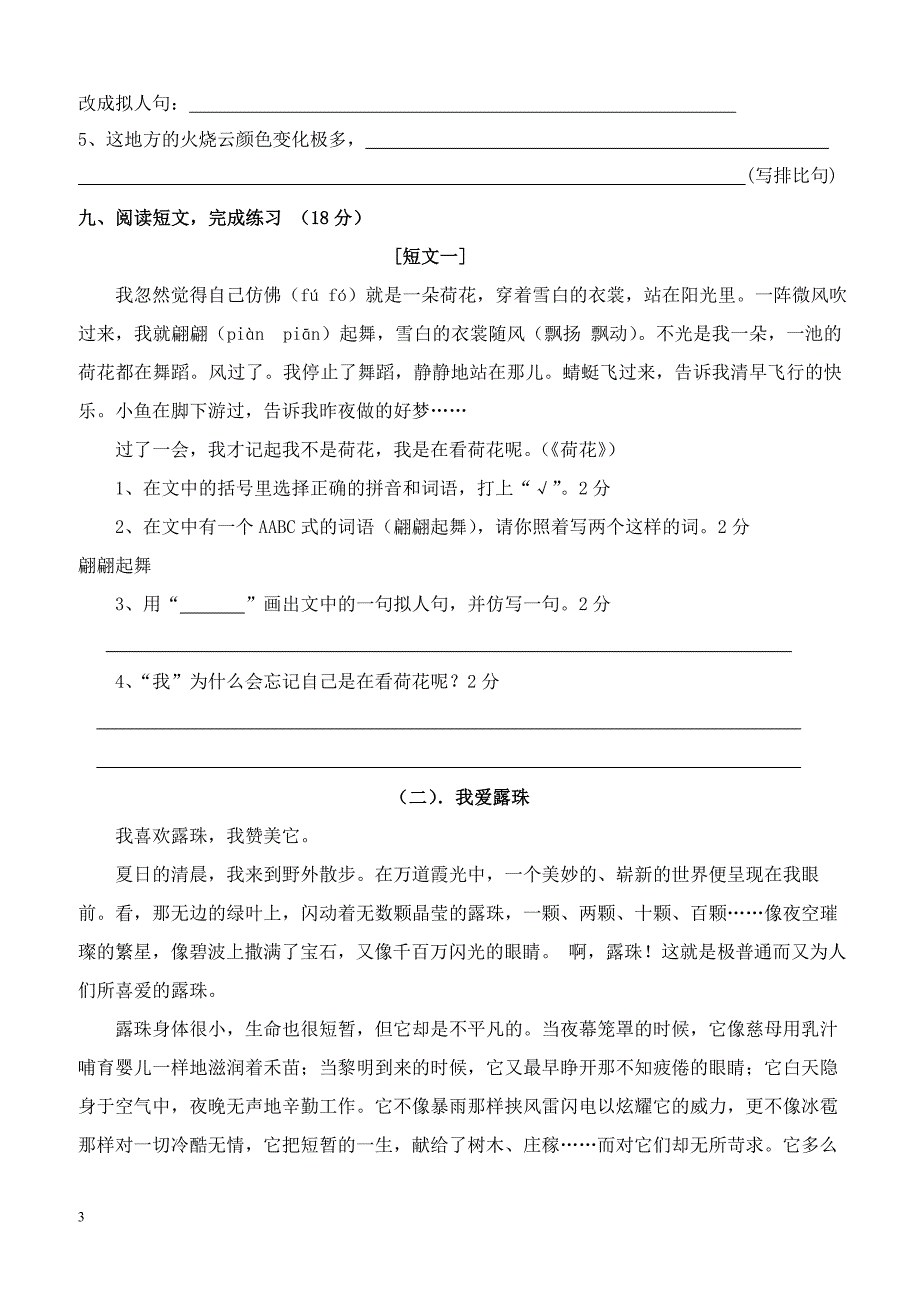 2013年春季期中六年级语文测试卷_第3页