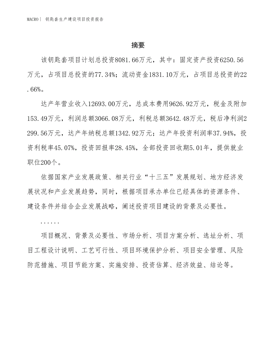 钥匙套生产建设项目投资报告_第2页