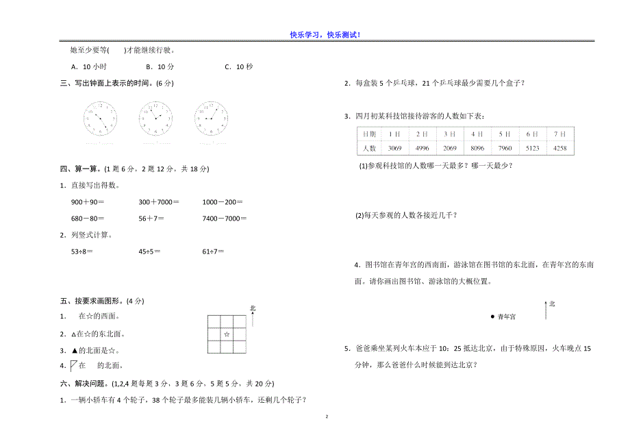 2019年小学二年级下数学期中学情质量检测试卷（含参考答案）_第2页