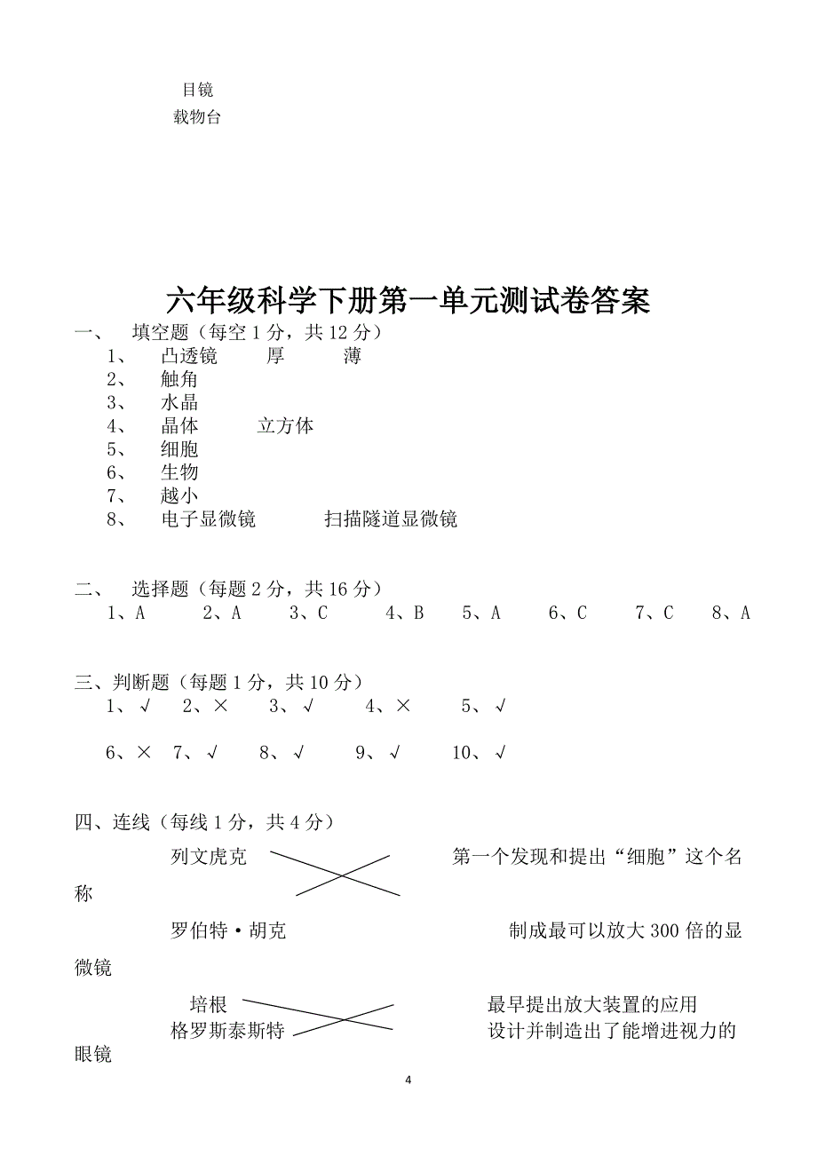 小学教科版六年级科学下册第一单元测试卷(附答案)_第4页