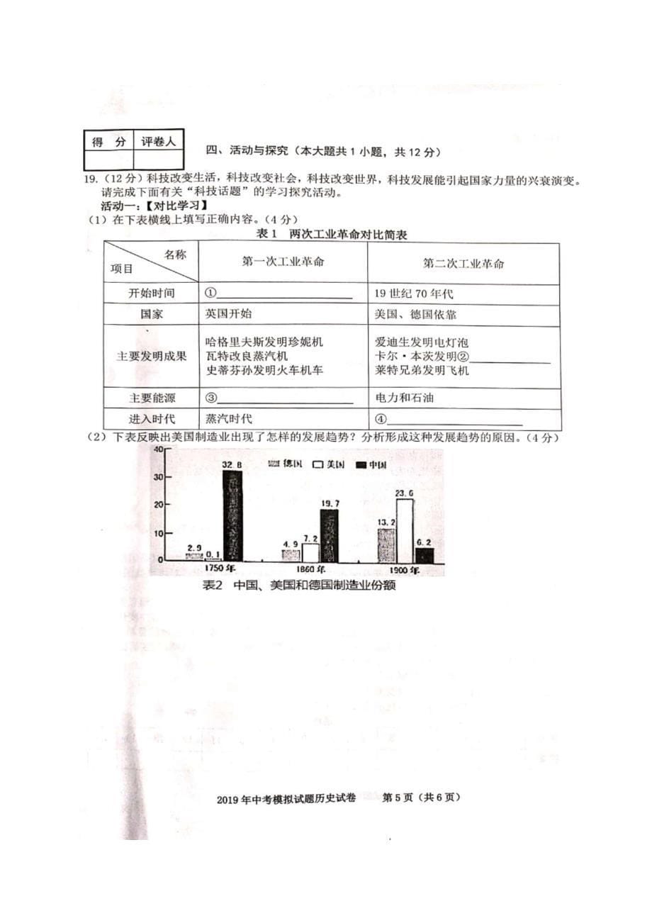 [首发]安徽省合肥市瑶海区2019届九年级一模历史试题（图片版）_第5页