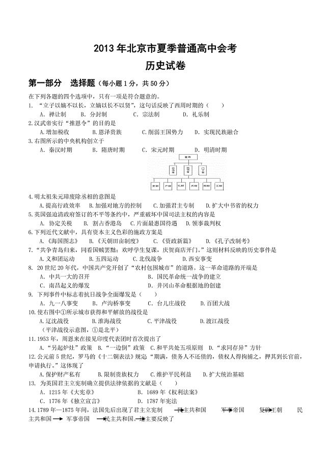2013年北京市夏季高中会考历史试卷