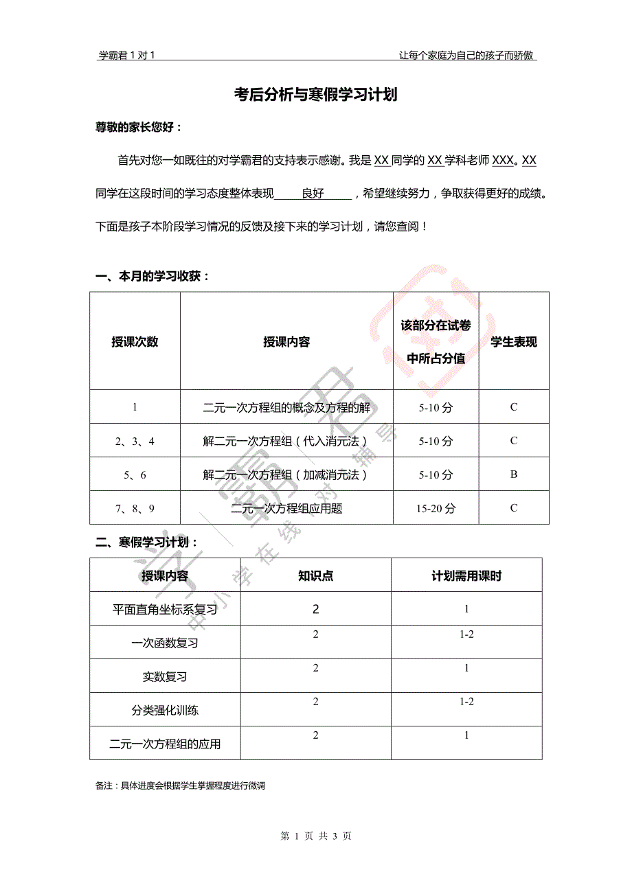 1月阶段反馈报告模板（考后分析与寒假学习计划）——优秀案例(2)_第1页