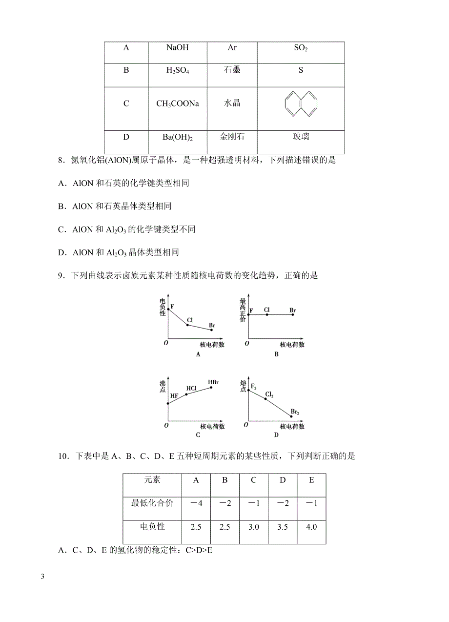 高三化学一轮单元卷：第十八单元_物质结构及性质_a卷 有答案_第3页