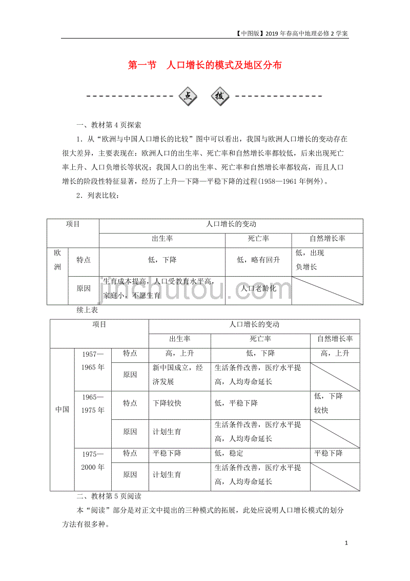 2019高中地理第1章人口的增长迁移与合理容量第1节人口增长的模式及地区分布学案中图版必修2_第1页