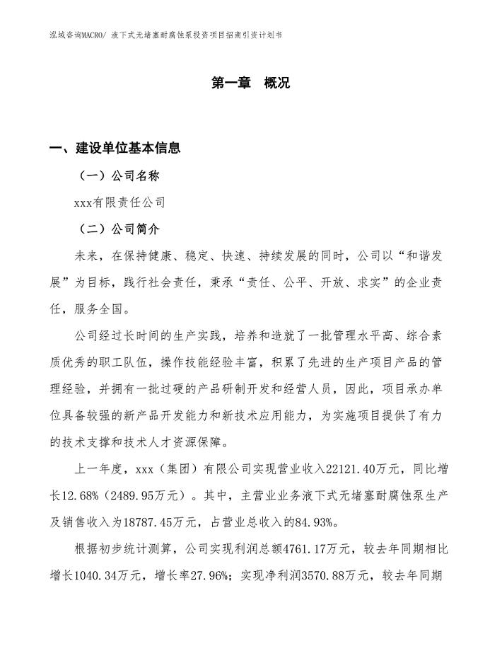 液下式无堵塞耐腐蚀泵投资项目招商引资计划书