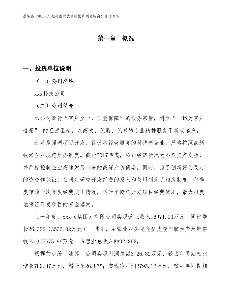 光亮型皮膜面胶投资项目招商引资计划书_第1页