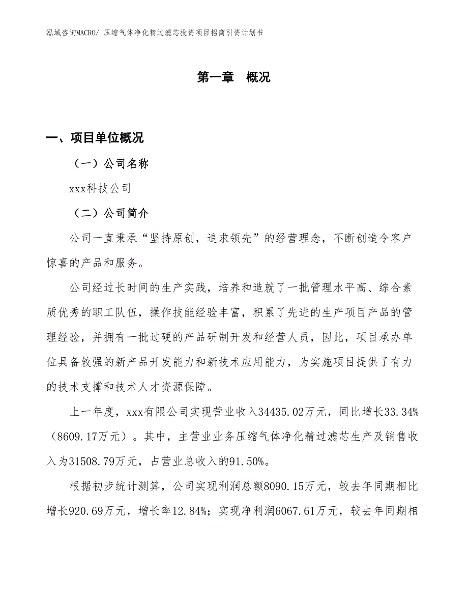 压缩气体净化精过滤芯投资项目招商引资计划书_第1页