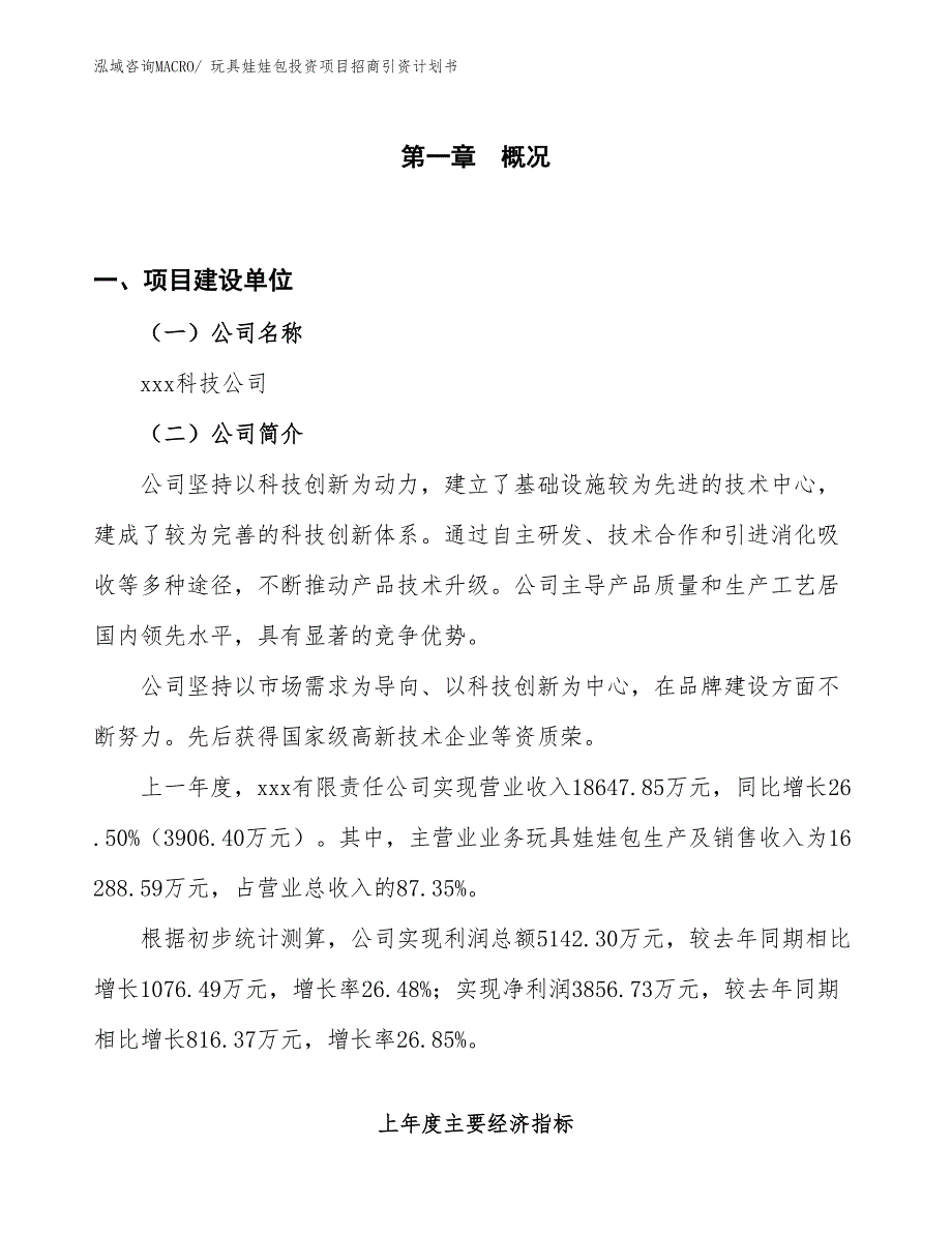 玩具娃娃包投资项目招商引资计划书_第1页