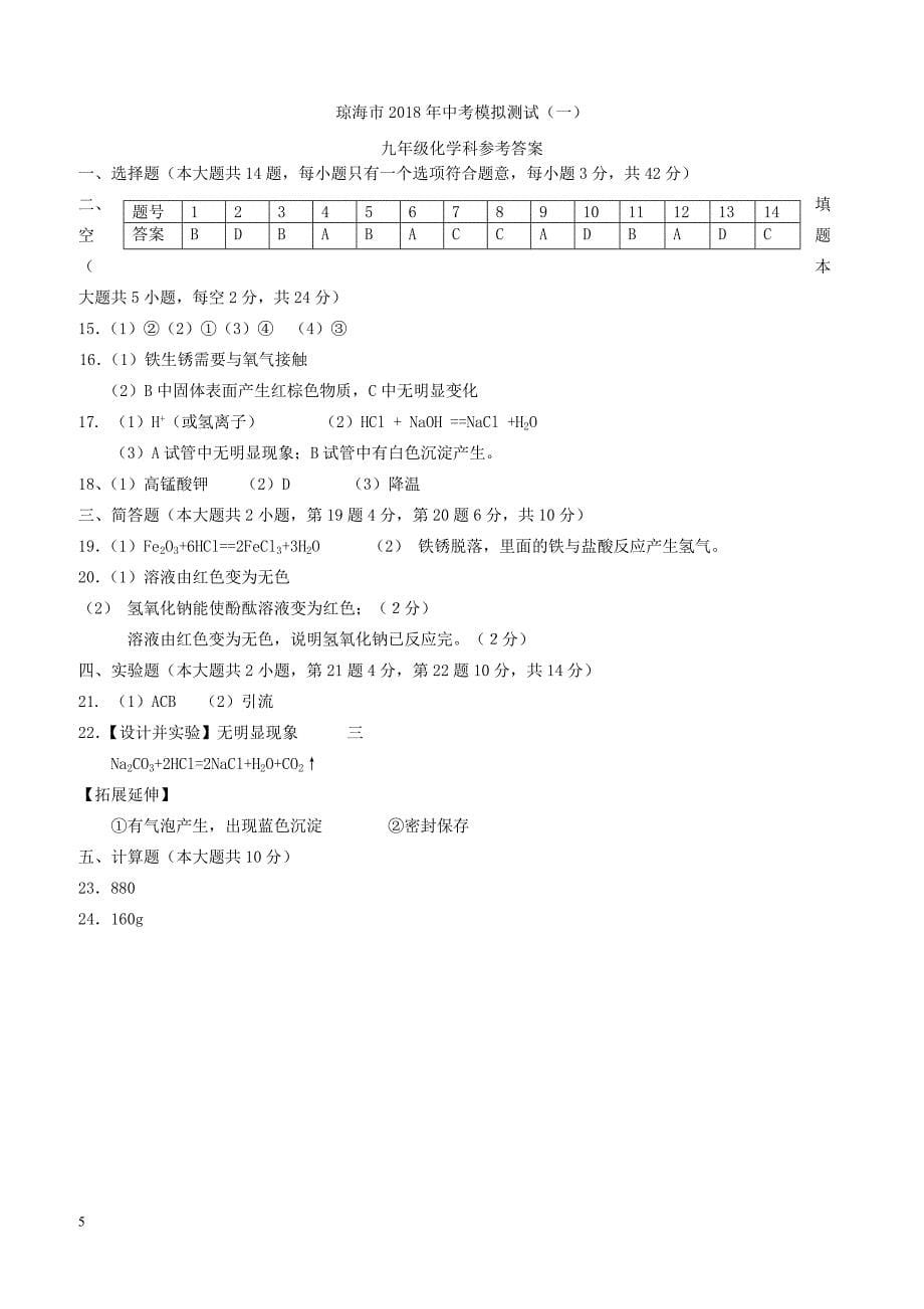 海南省琼海市2018届中考化学模拟考试试题（附答案）_第5页