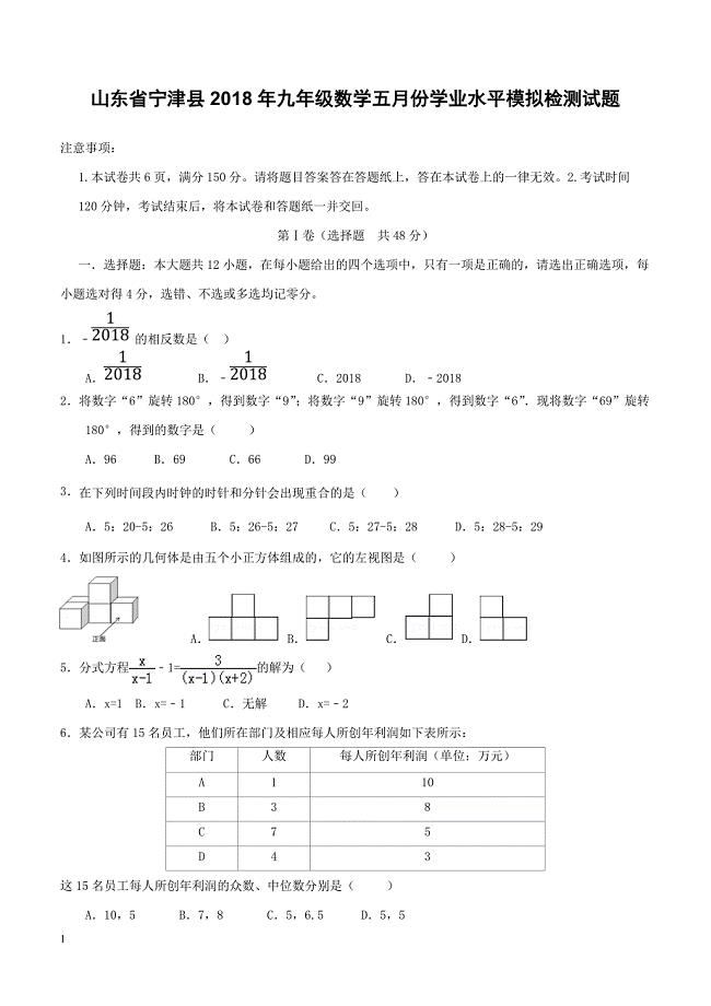 山东省宁津县2018年九年级数学五月份学业水平模拟检测试题（附答案）