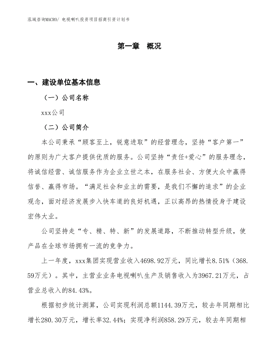 电视喇叭投资项目招商引资计划书_第1页