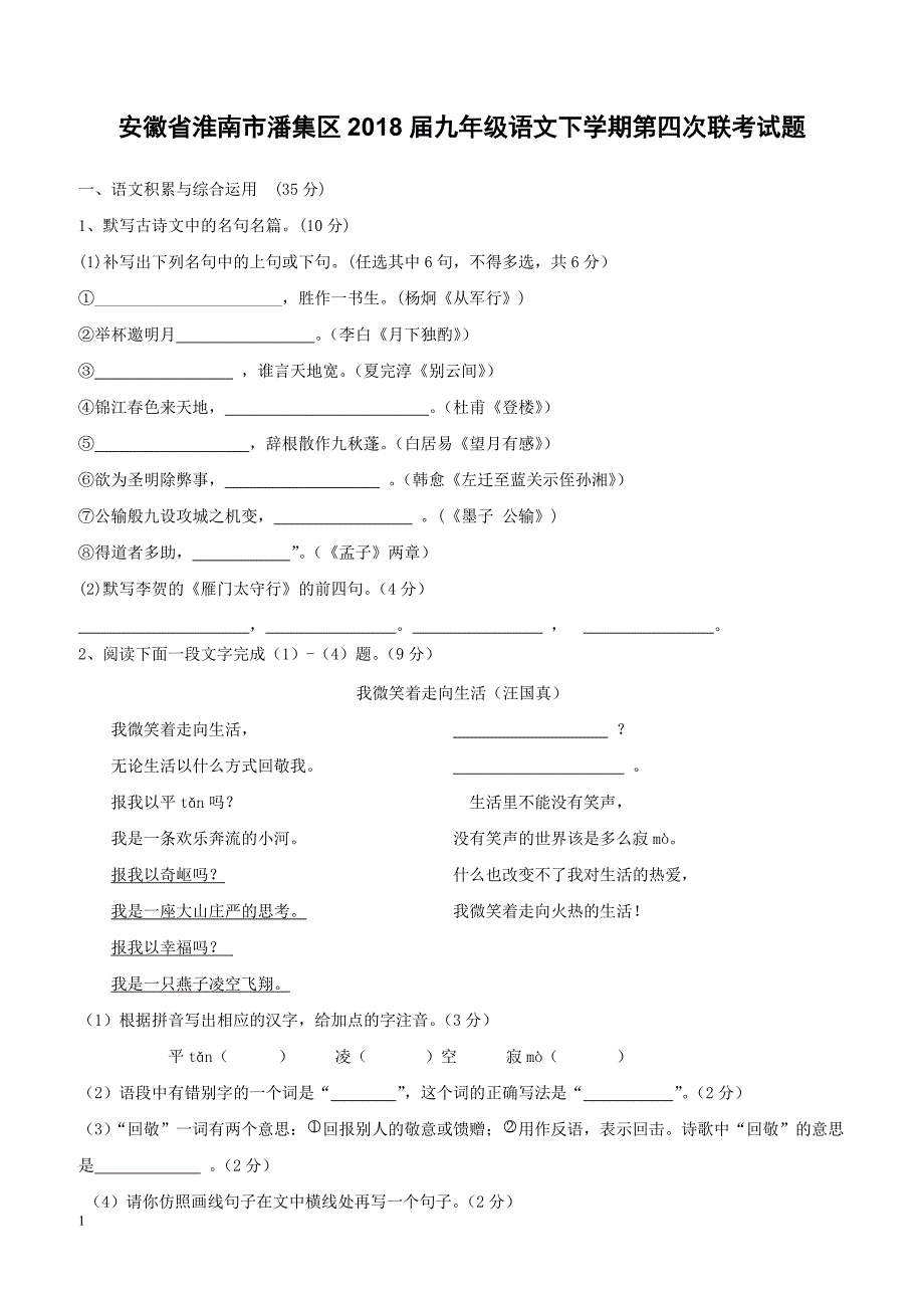 安徽省淮南市潘集区2018届九年级语文下学期第四次联考试题新人教版（附答案）_第1页