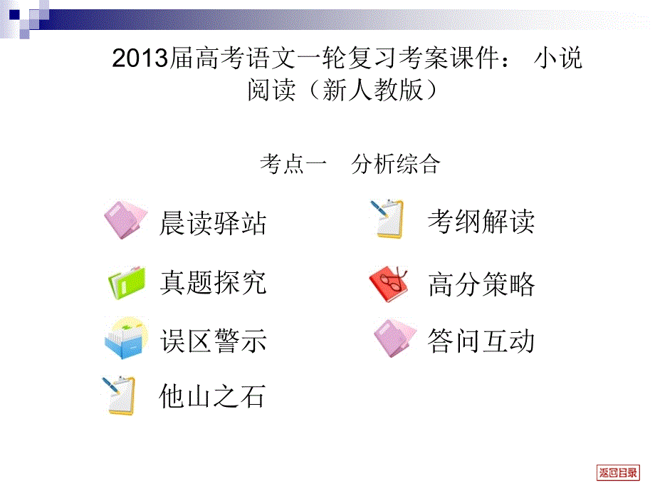 2013届高考语文一轮复习考案课件： 小说阅读考点一　分析综合（新人教版）_第1页