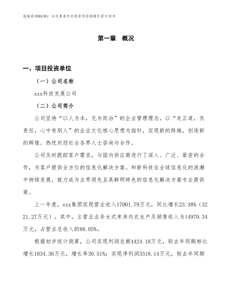 女式束身内衣投资项目招商引资计划书_第1页