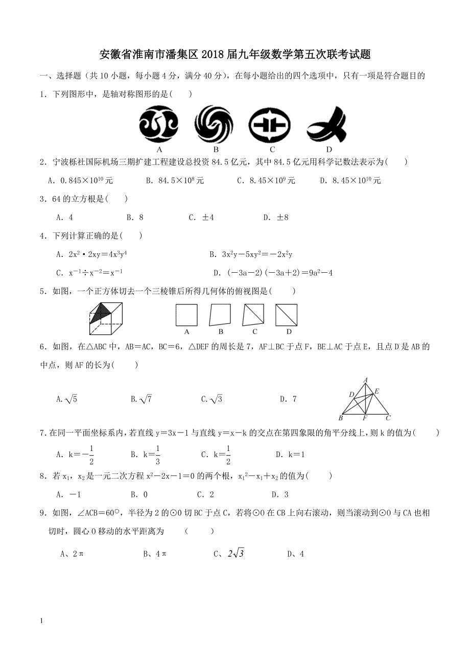 安徽省淮南市潘集区2018届九年级数学第五次联考试题（附答案）_第1页