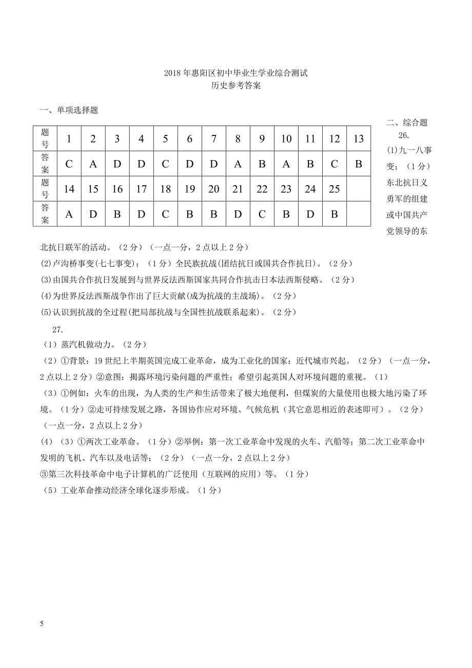 广东省惠州市惠阳区2018年初中历史毕业生学业综合测试试题（附答案）_第5页