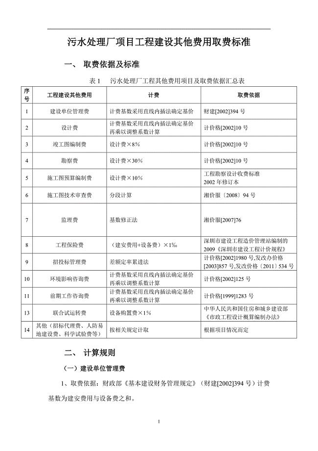 污水处理厂工程其他费用取费标准、计算规则