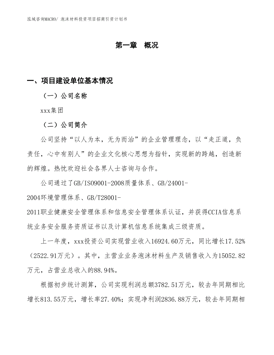 泡沫材料投资项目招商引资计划书_第1页