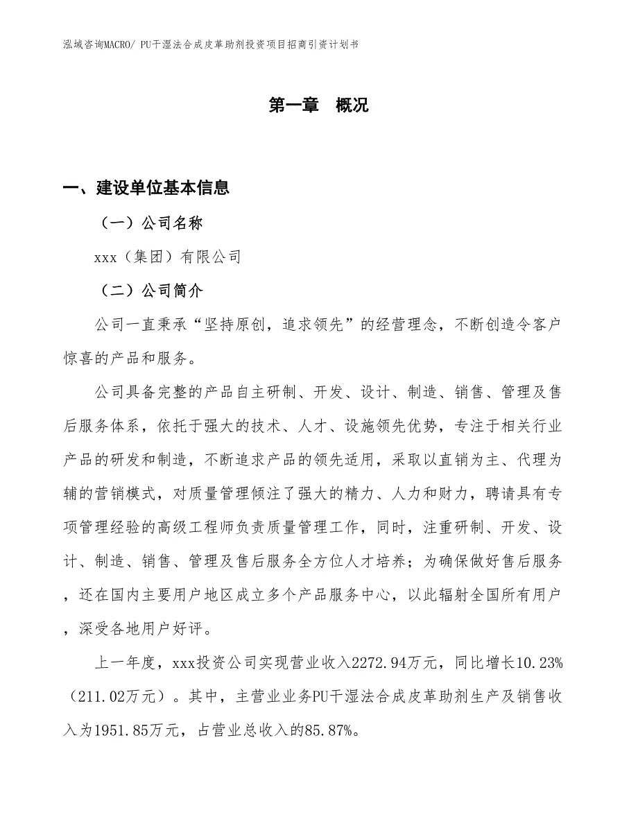 PU干湿法合成皮革助剂投资项目招商引资计划书_第1页