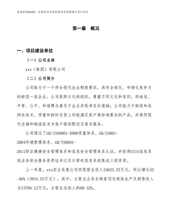 全碳素羽毛球拍投资项目招商引资计划书