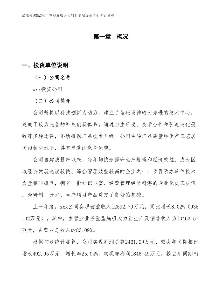 重型扁咀大力钳投资项目招商引资计划书_第1页