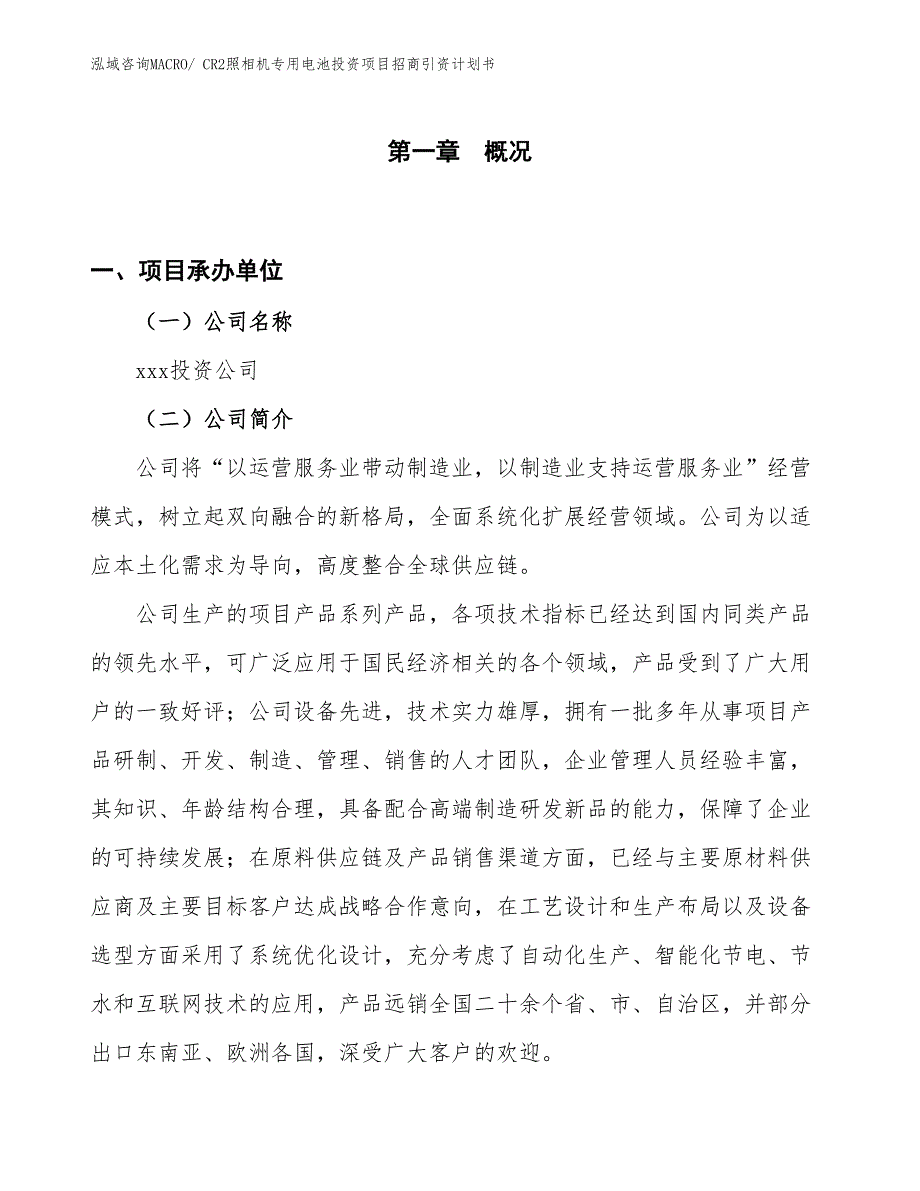 CR2照相机专用电池投资项目招商引资计划书_第1页