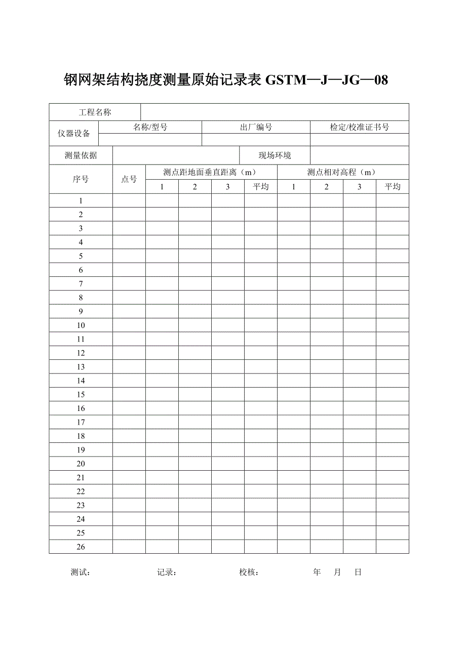 8钢网架结构挠度测量原始记录表_第1页