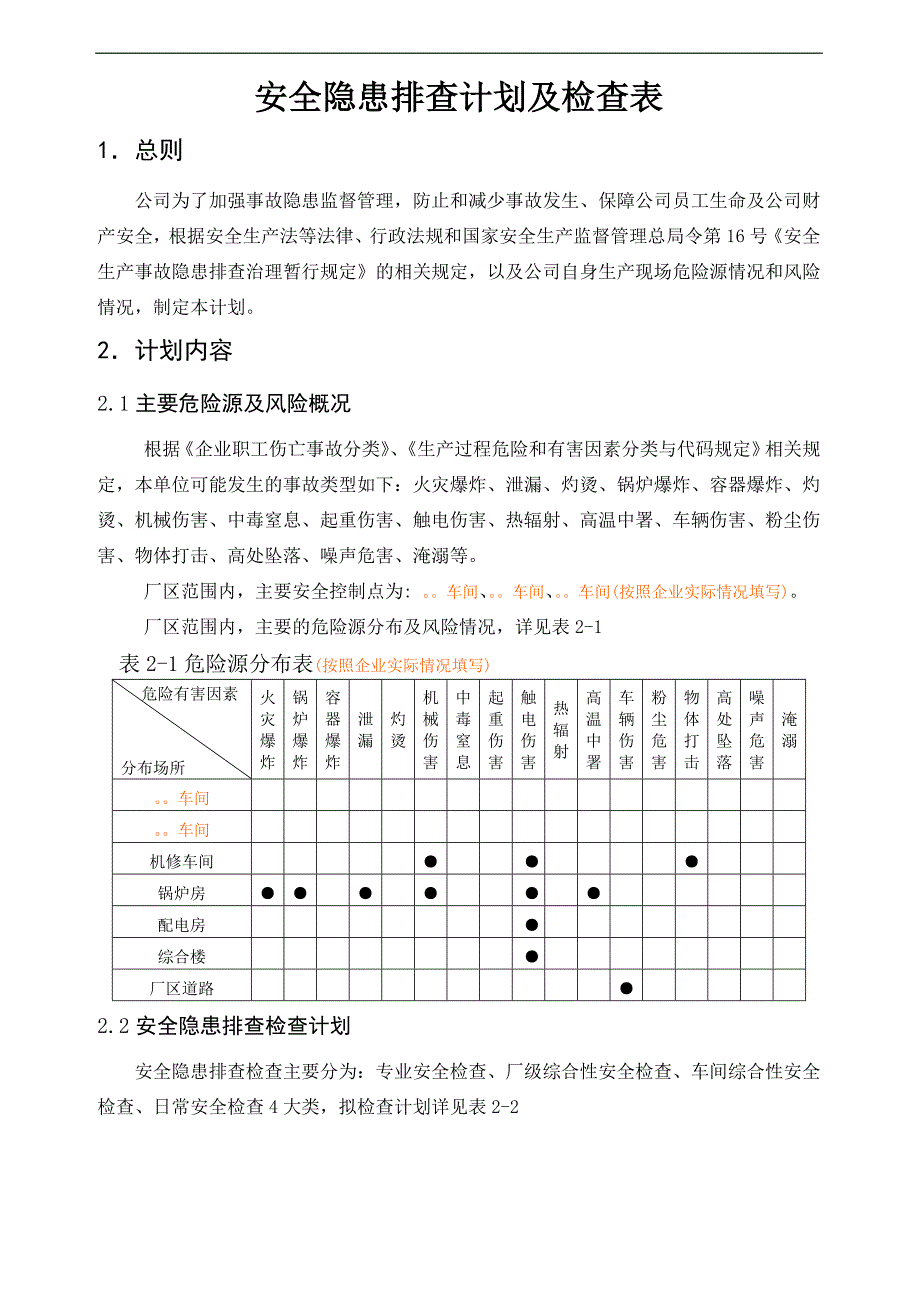 安全隐患排查计划及各级所属检查表_第1页