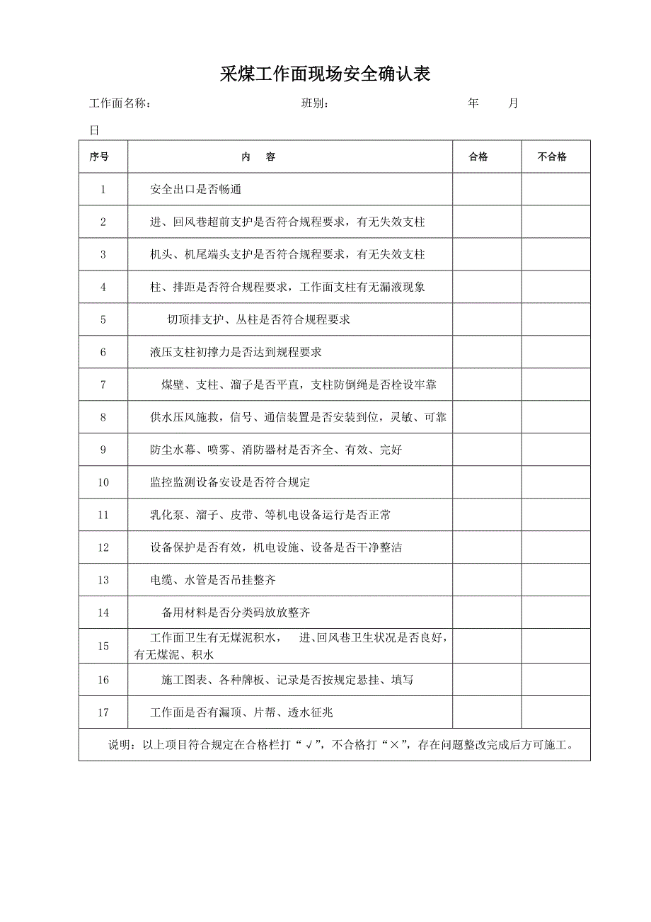 采煤工作面现场安全确认表_第1页