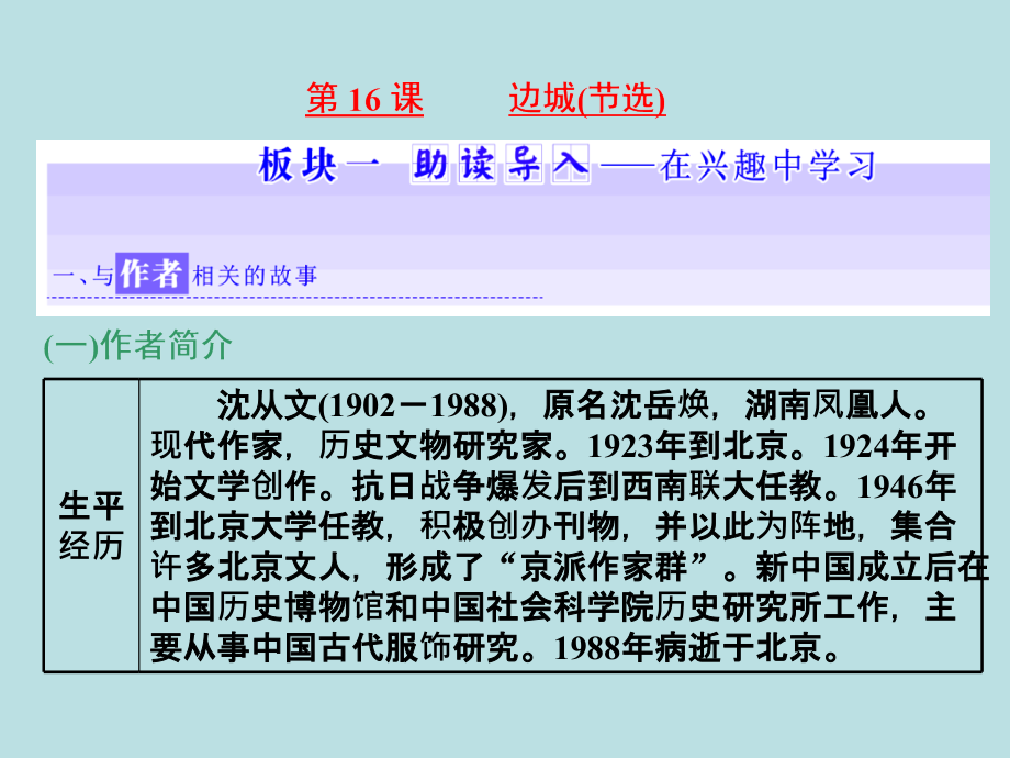 2017-2018学年高中苏教版语文（浙江专用）必修二课件：第四专题  第16课 边城（节选）_第1页