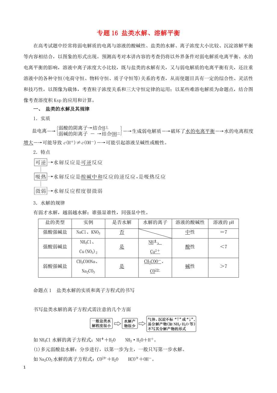 2019年高考化学二轮复习专题16盐类水解溶解平衡教案_第1页