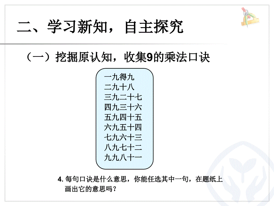 9的乘法口诀---2013年新人教版二年级数学上册第六单元《9的乘法口诀ppt课件》_第4页