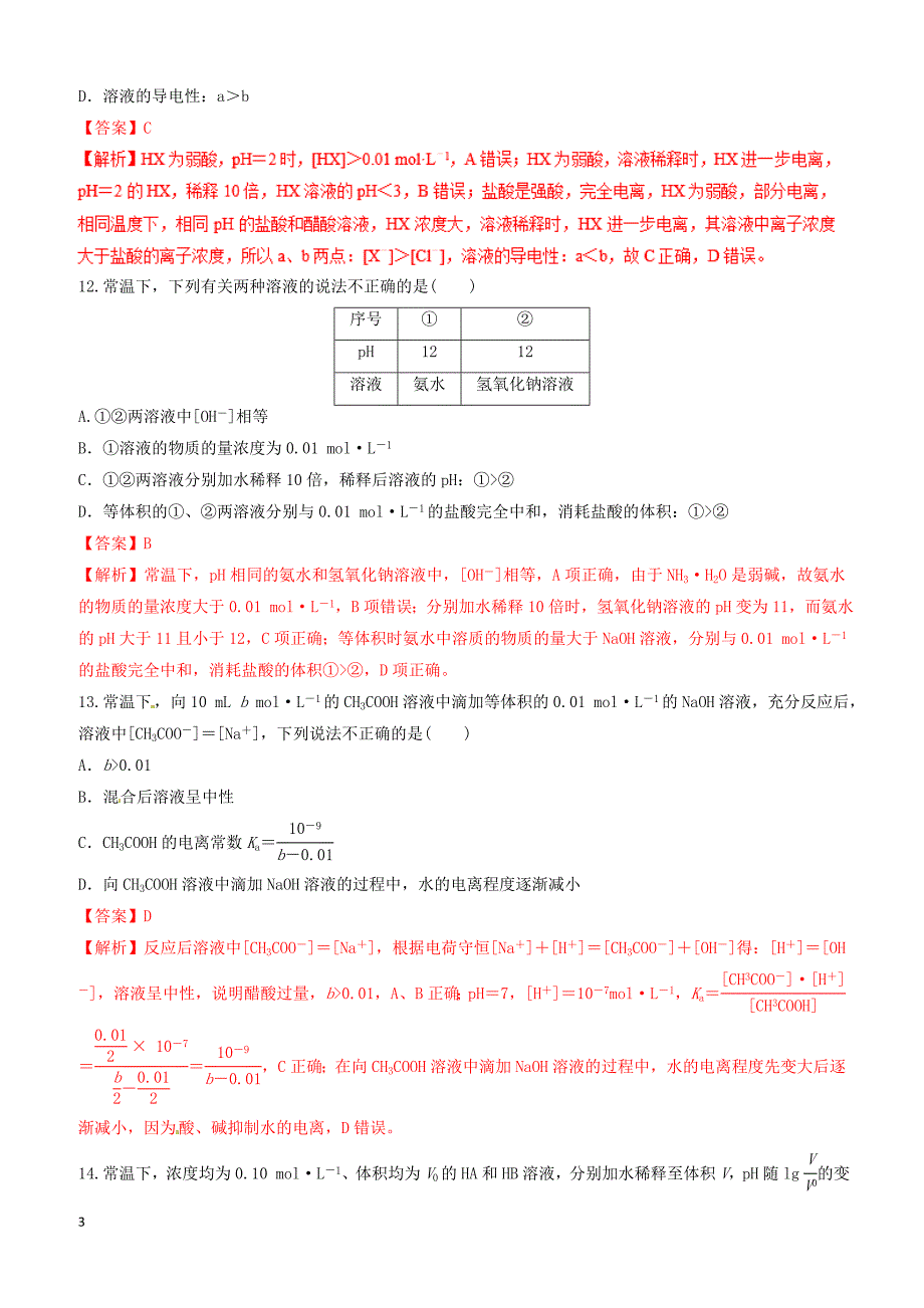 2019年高考化学二轮复习专题14电离平衡练习_第3页