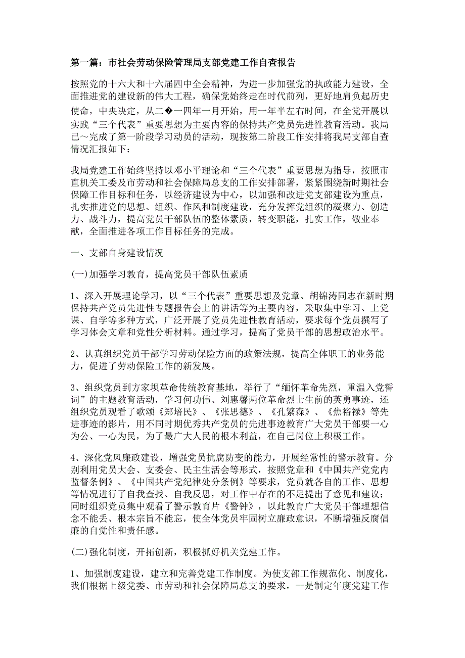 市社会劳动保险管理局支部党建工作自我检查报告材料_第1页