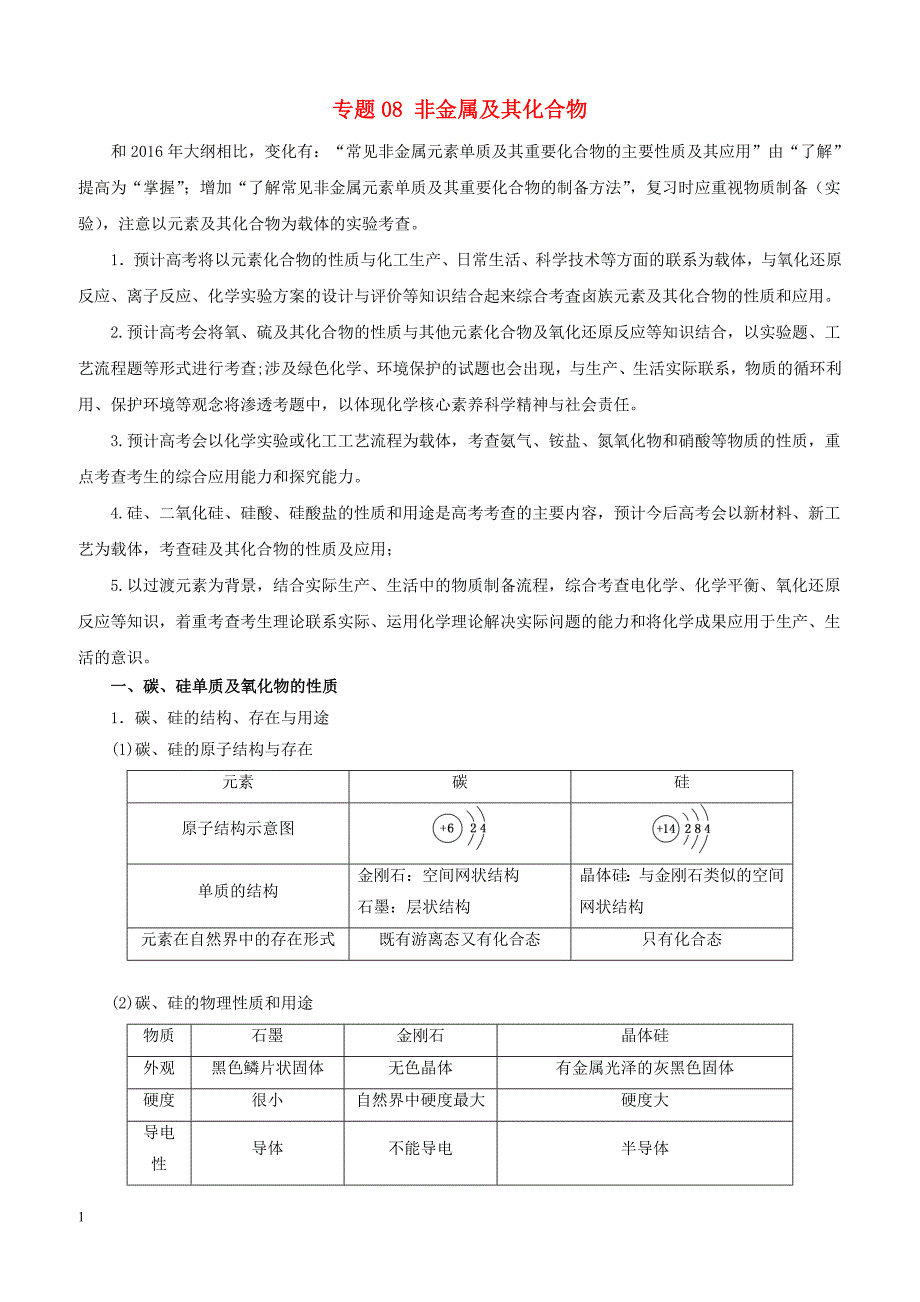 2019年高考化学二轮复习专题08非金属及其化合物教案_第1页