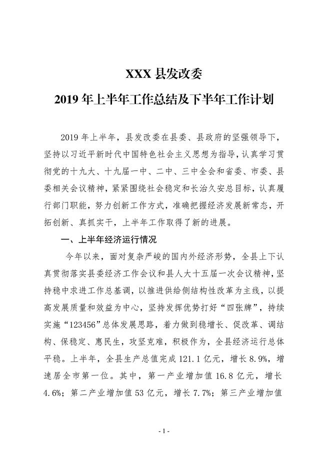 XXX县发改委2019年上半年工作总结及下半年工作计划