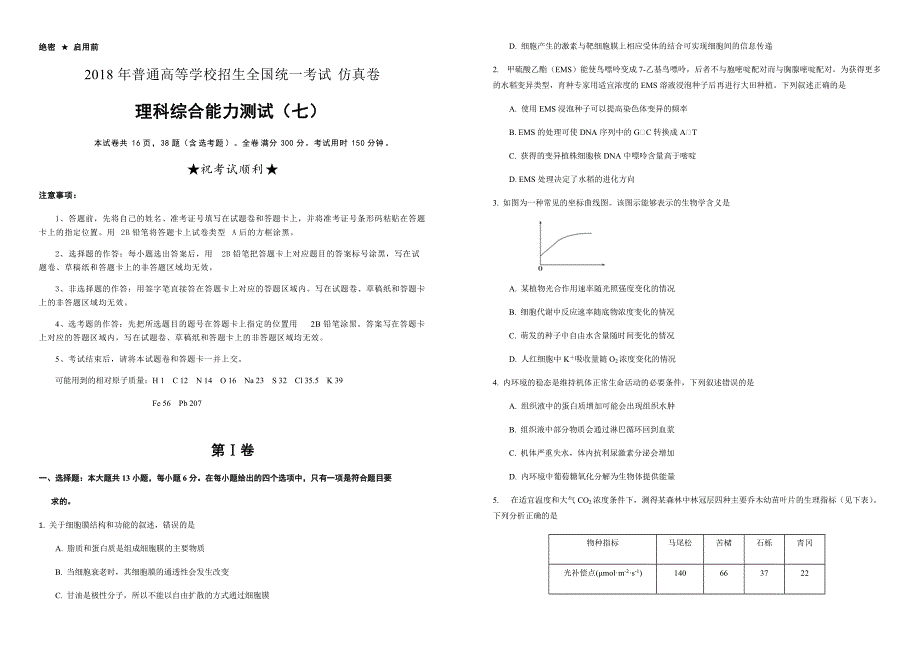 2018年高考《最后十套》名校考前提分仿真卷_理综(七)（含答案解析）_第1页