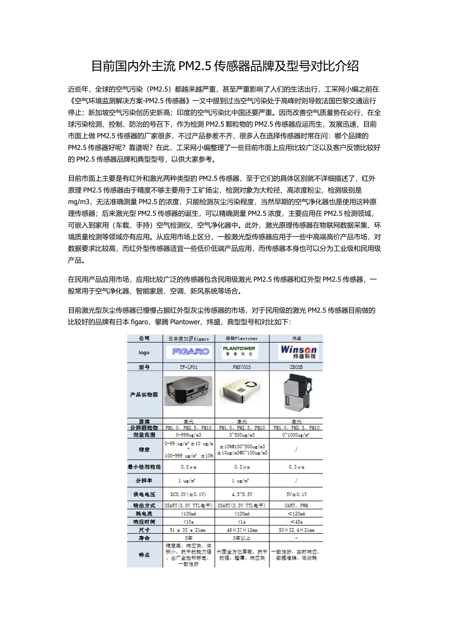 目前主流pm2.5传感器品牌及型号对比介绍_第1页