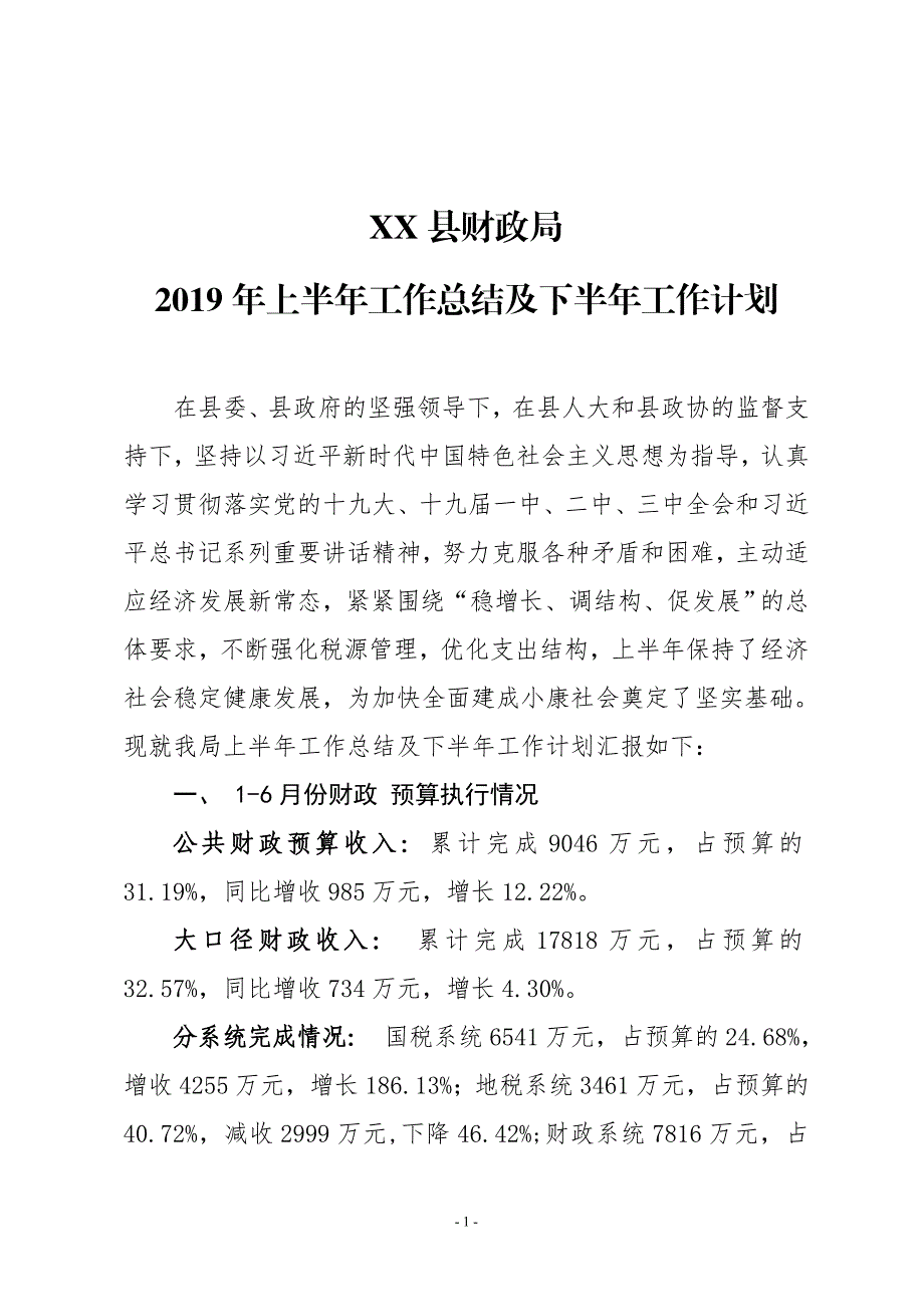 XX县财政局2019年上半年工作总结及下半年工作计划_第1页