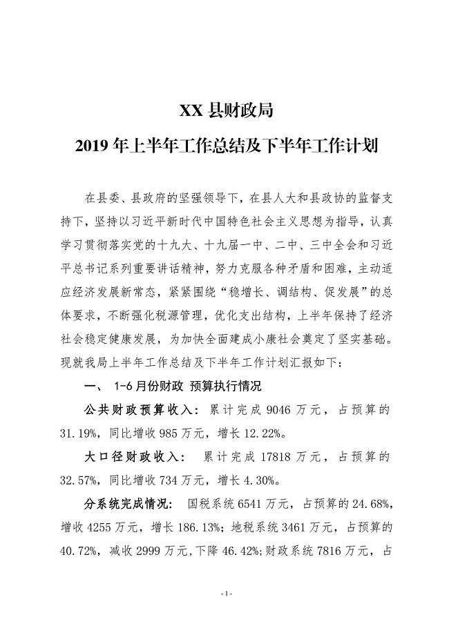 XX县财政局2019年上半年工作总结及下半年工作计划