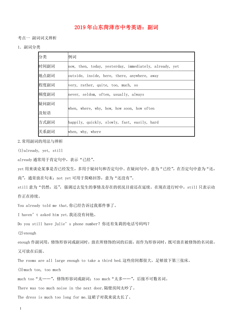 山东省菏泽市2019年度中考英语专题训练 副词考点剖析_第1页