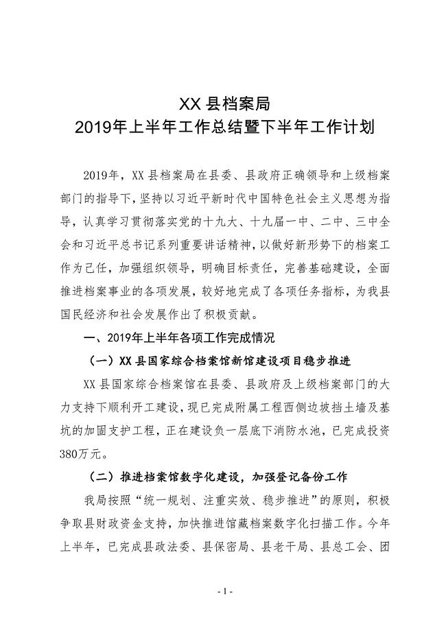 XX县档案局2019年上半年工作总结暨下半年工作计划