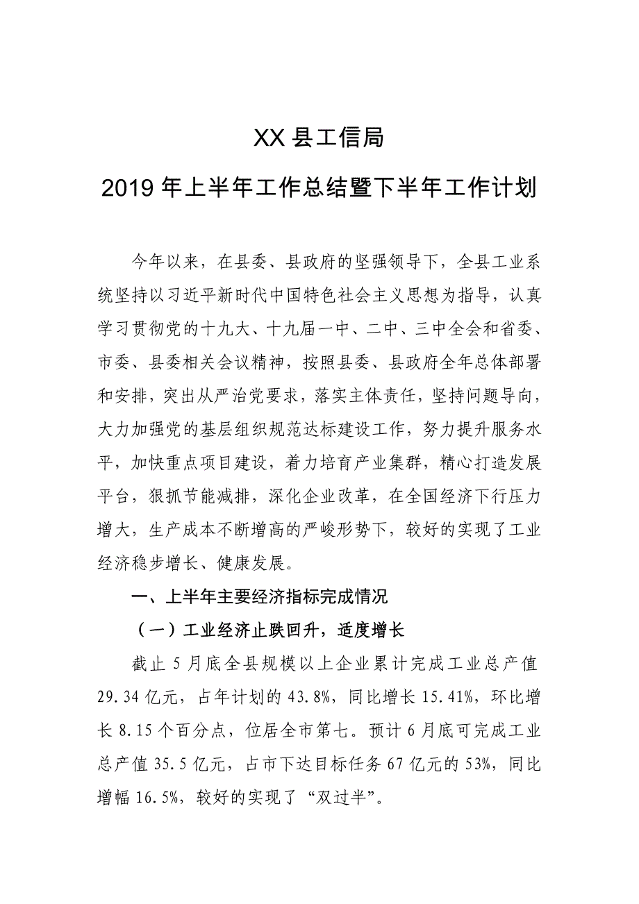 XX县工信局2019年上半年工作总结暨下半年工作计划_第1页