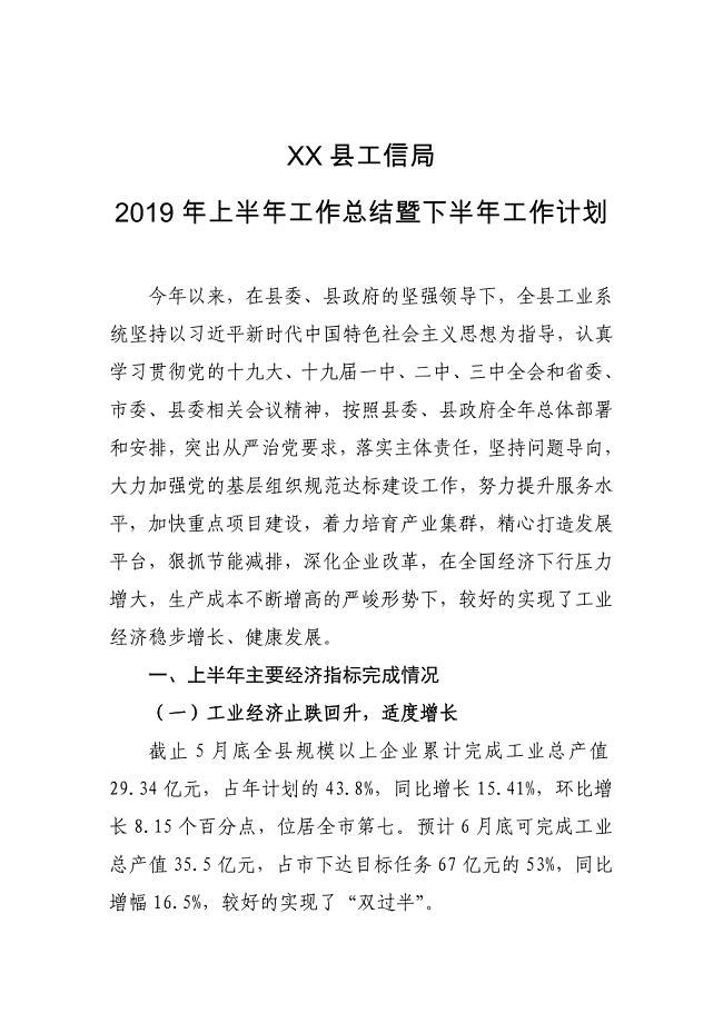 XX县工信局2019年上半年工作总结暨下半年工作计划